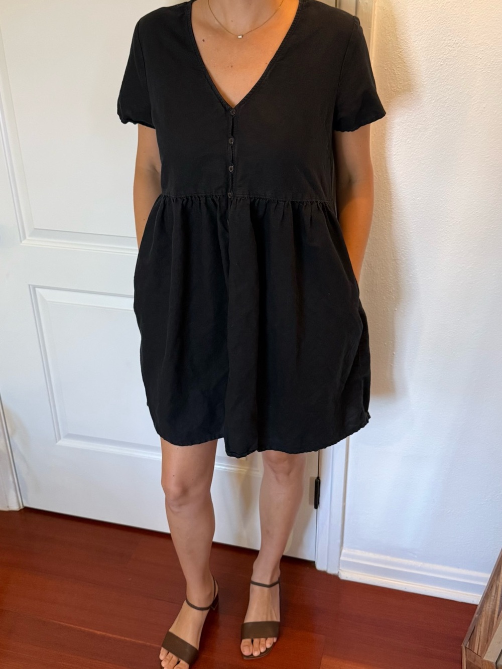 Madewell Black V-Neck Short Sleeve Mini Babydoll Dress Linen Blend
